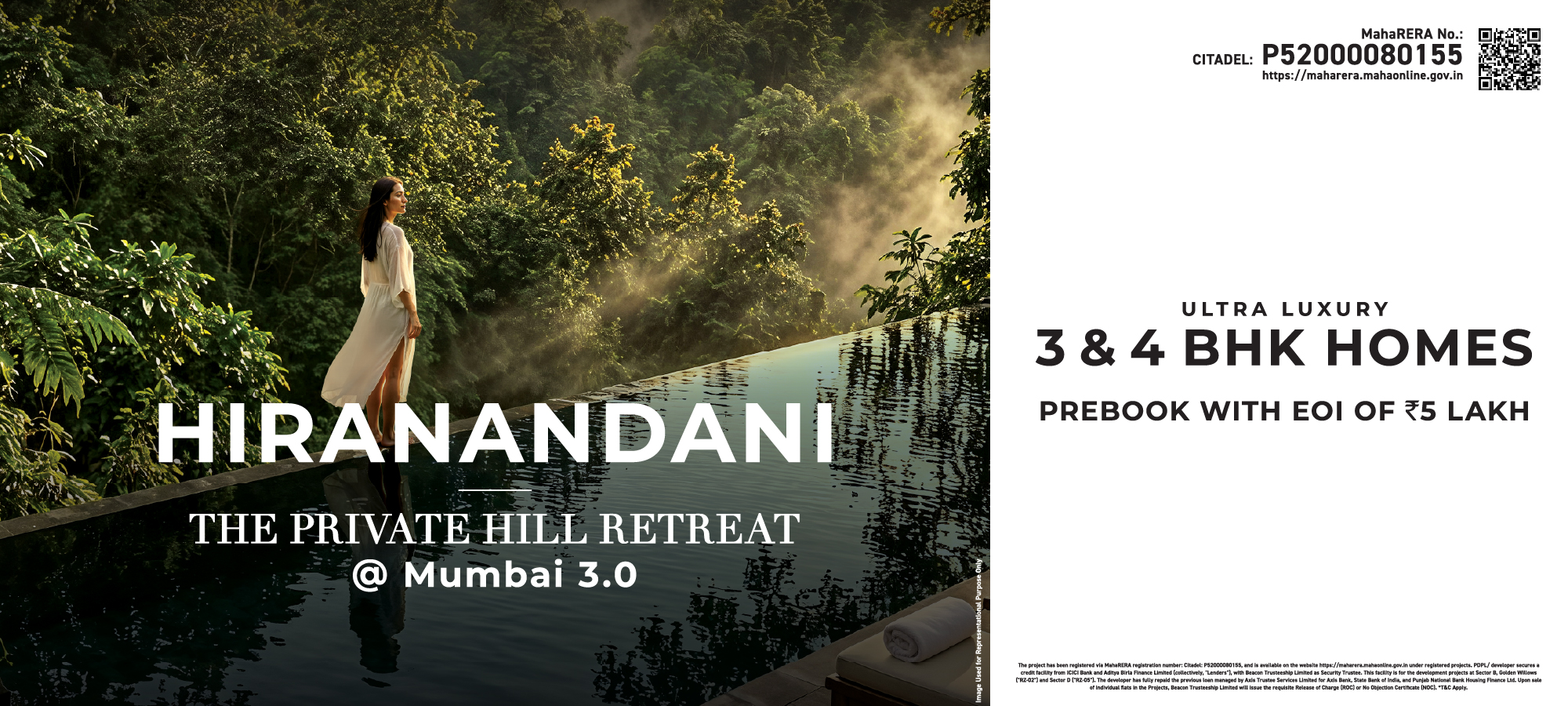 A woman in white standing at the edge of a misty forest infinity pool